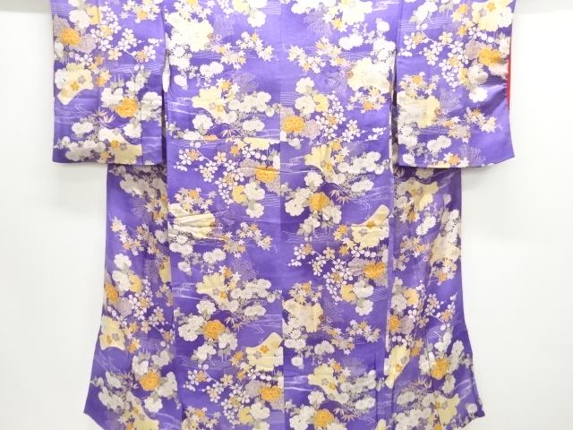 JAPANESE KIMONO / ANTIQUE JUBAN / SILK / KINSHA / STREAM & FLOWER
